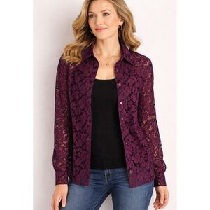 Plum Lace Button Up Blouse Floral Sheer Overlay Top Size 14 Romantic Feminine